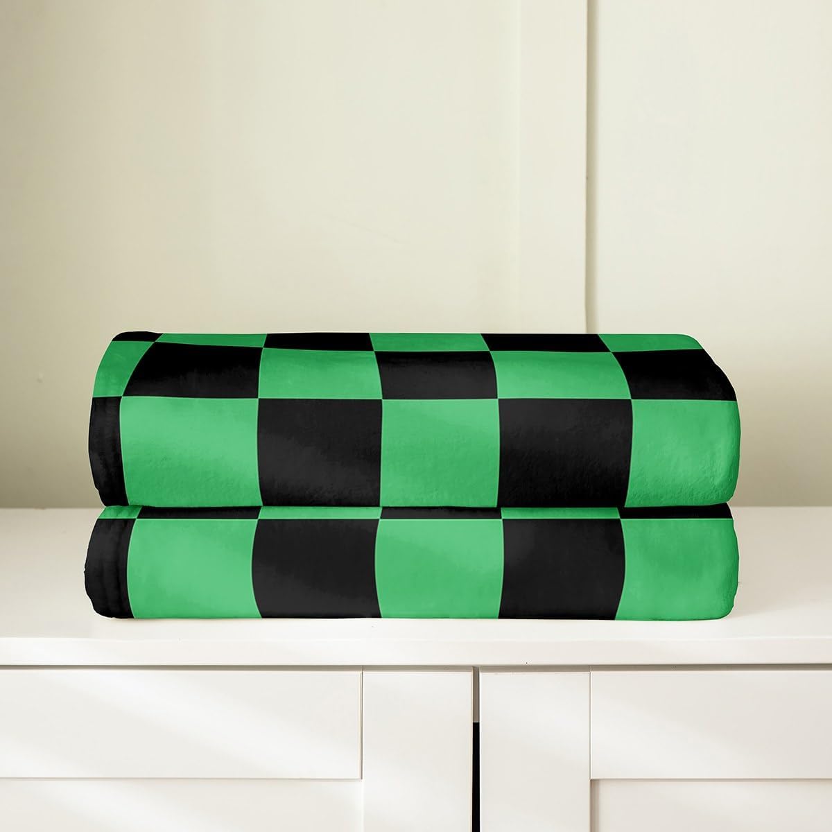 Checkered Teen Women Men Green Black Plaid Flannel Fleece Blanket Queen 90"x90" Cute Retro Neutral Checkerboard Geometric Plush Throw Blanket Aesthetic Room Decor,All Season for Bed Sofa Couch