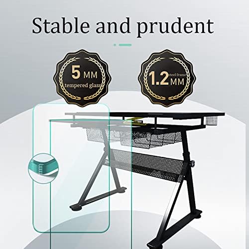 Drawing Tilting Tablet,Drafting Desk, Glass Top Drafting Table, Height Adjustable Drawing Desk Art Table, Tiltable Tabletop Art Craft Desk Paintings Work Station, 2 Drawers,