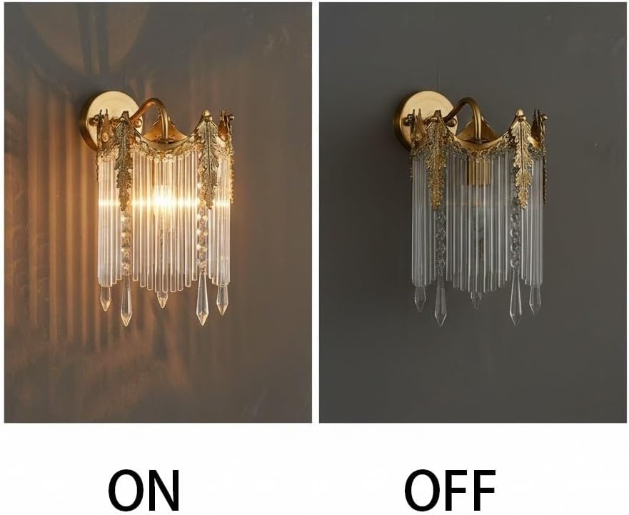 Bedside Wall Lamp, Crystal Wall Sconce, Gold Brass Wall Light with Cascading Crystals for Bedroom, Living Room, Hallway, Entryway, Hotel, Villa, European Style, Guest Suite Surface