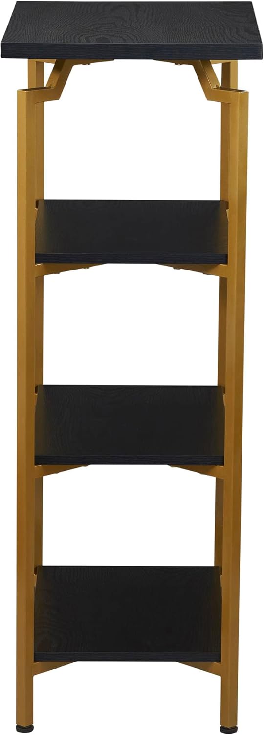 Household Essentials Crown Narrow 4 Shelf Open Storage Bookshelf Black Oak Wood Grain and Gold Metal