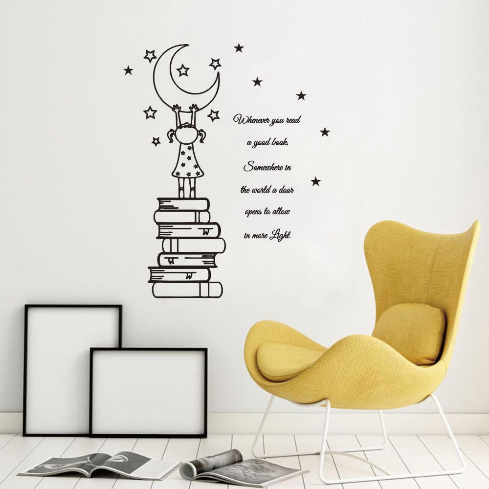 Reading Nook Vinyl Wall Art – Uplifting Book Quote for Kids’ Room, Library, or Study (Black-JZY008-Girl Book)