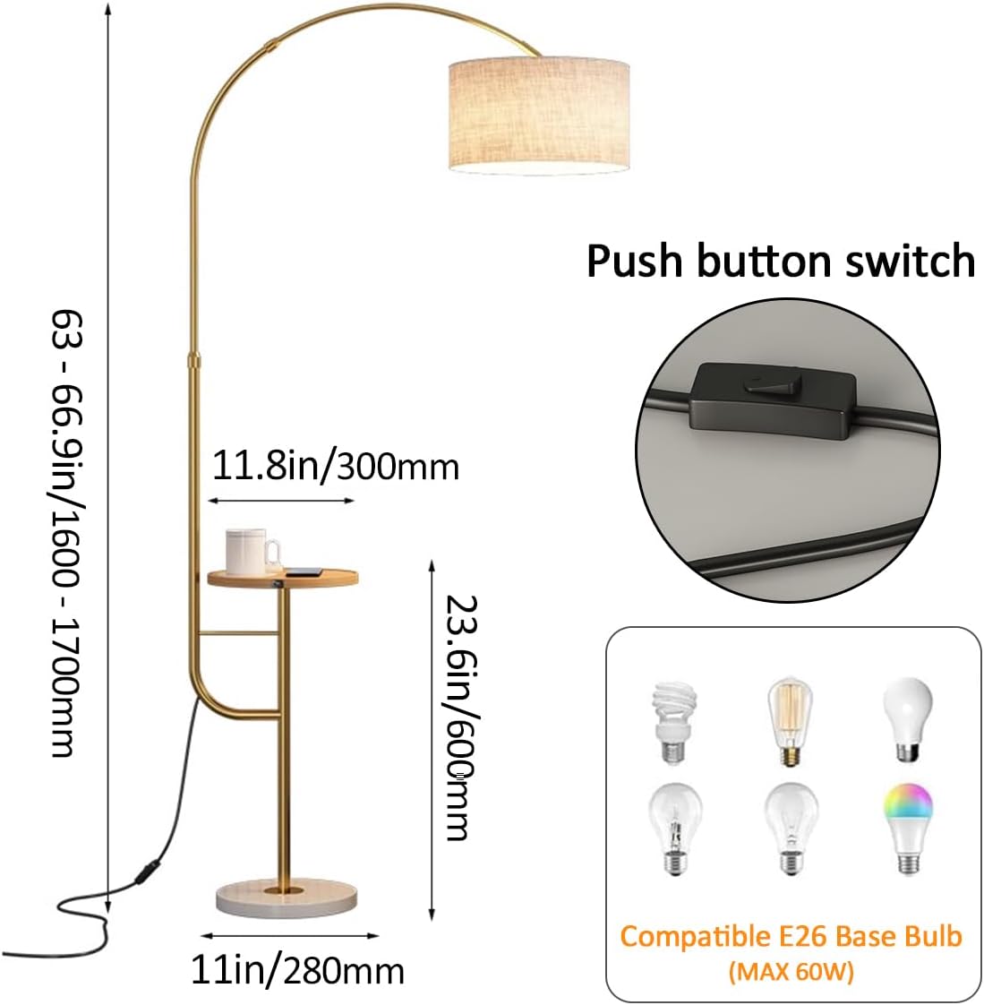 Arc Floor Lamp with Tray Adjustable Height Pole Lamp Linen Shade Standing Light Gold Iron Luxury Vertical Lights Corner Reading Standing Floor Lamps 3 Color Temperatures for Hotel Office