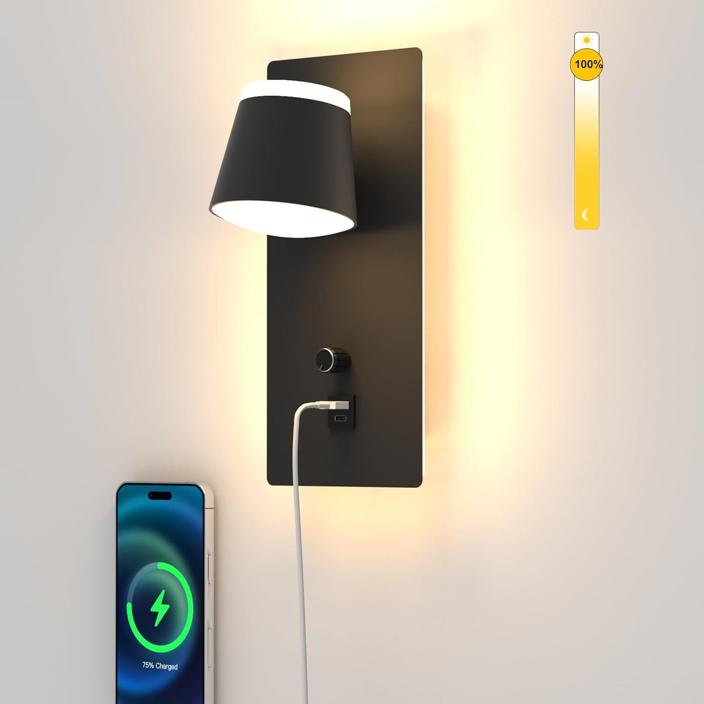 Sytmhoe LED Wall Sconce with Dimmer Switch,Modern Dimmable Bedside Wall Light with USB+Type C Port,3000K Up & Down Wall Mounted Lighting for Bedroom,Hallway,Stairway,Basement,Cafe,Home Decor(1 Pack)