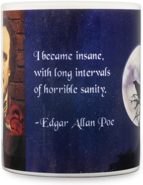 NoMonet Edgar Allan Poe gothic macabre coffee/tea mug with a memorable quote - I Became Insane with Long Intervals of Horrible Sanity - dark aesthetic, writer, literary genius, perfect for horror fans