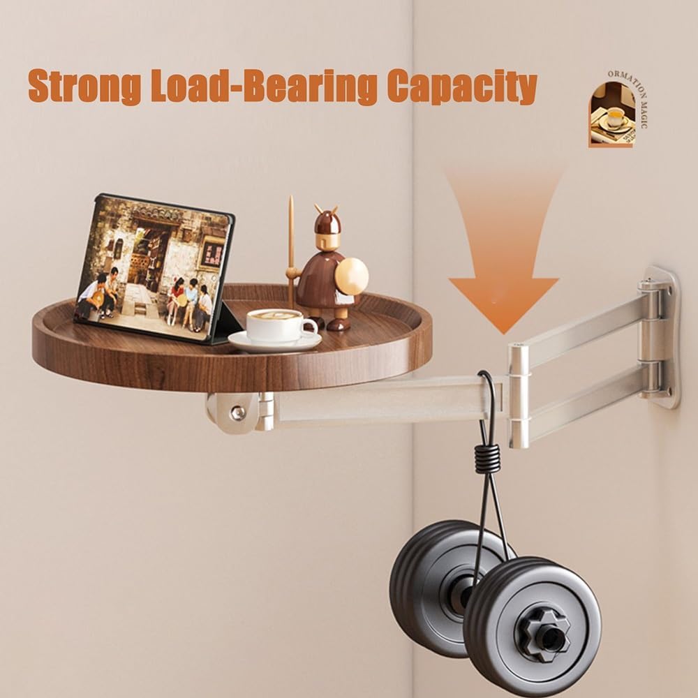 Wall-Mounted Folding Round Table - Space-Saving Wooden Coffee Table & Retractable Tray for Living Room, Bedroom, Balcony - Modern Floating Side Table & Study Shelf
