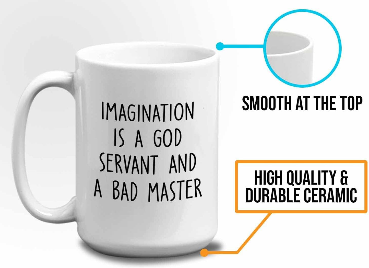 Bubble Hugs Writer Coffee Mug 15oz White - Imagination is a god servant and a bad master - Reading Book Lover for Bookworm Bibliophile Librarians Author Readers Bookish