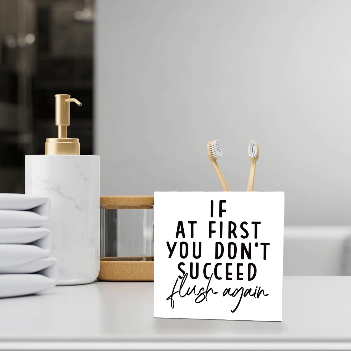 Rustic Wooden Bathroom Signs, If at First You Don't Succeed, Flush Again, Washroom Wooden Block Signs, Rustic Wood Plaque Box Sign for Home Office Restroom Toilet Shelf Table Decoration