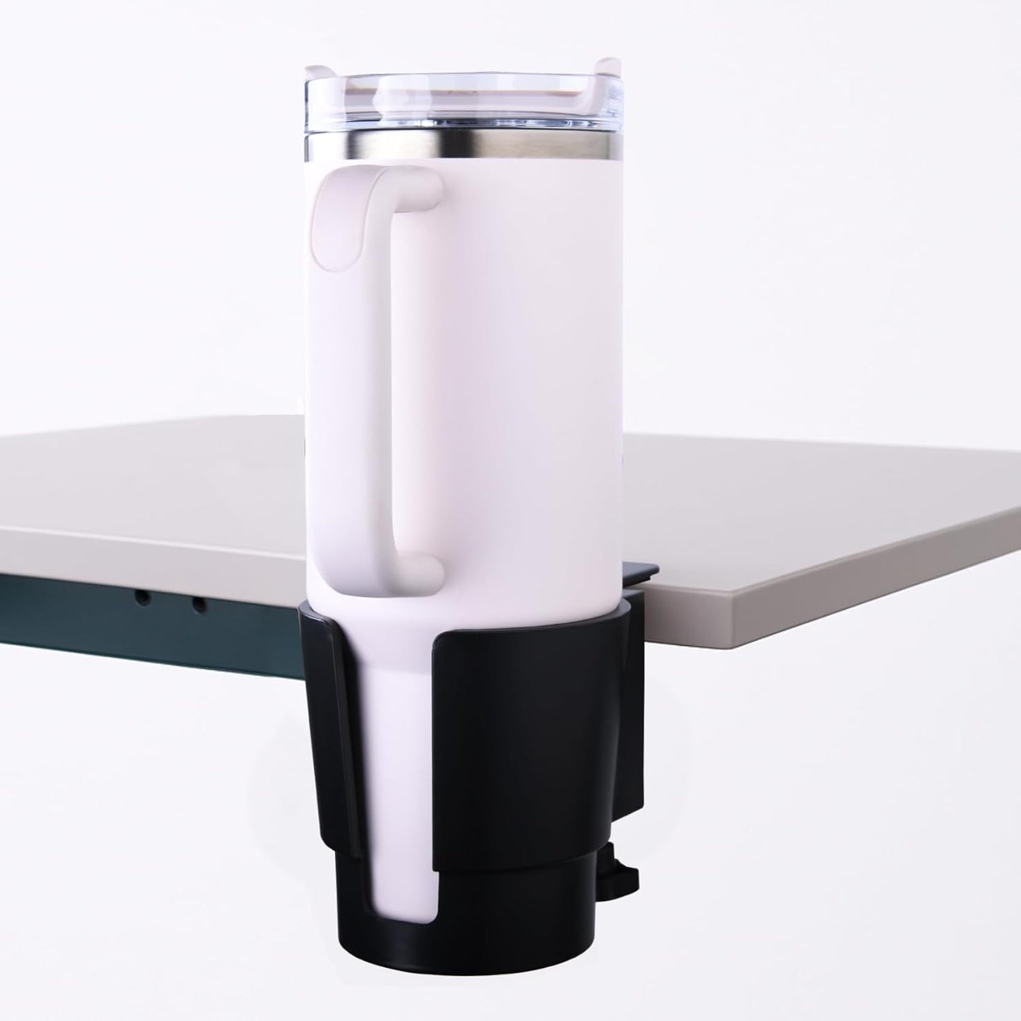 Universal Large Desk Cup Holder Clamp on, Heavy Duty Plastic Drink Holder for Table, Porch Swing, Patio Chair, Clip On Anti-Spill Bottle Holder for Most Cups, Bottles, Cans, Tumbles, Black, Pack of 1
