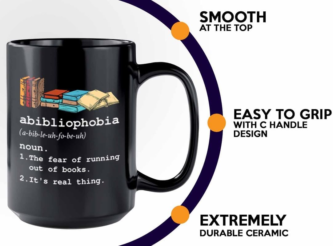 Reading Coffee Mug 15oz Black - Abibliophobia Definition - Reader Gift Bookworm Owl Lover Cat Lover Book Lover Novelist Librarian Writer