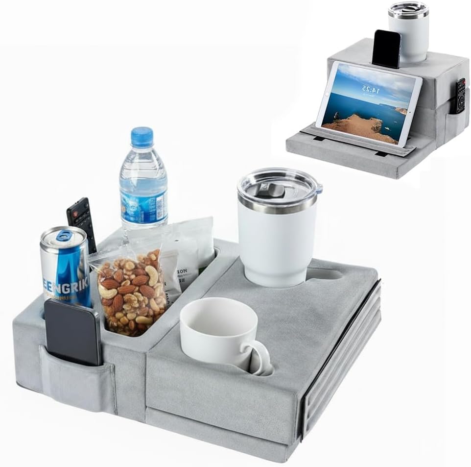 Sofa Cup Holder Tray Pillow - Holds Drinks, Snacks, Remotes & Devices - Cup Holders & Storage Pockets for Couch, Bed Cup Holder (Grey)