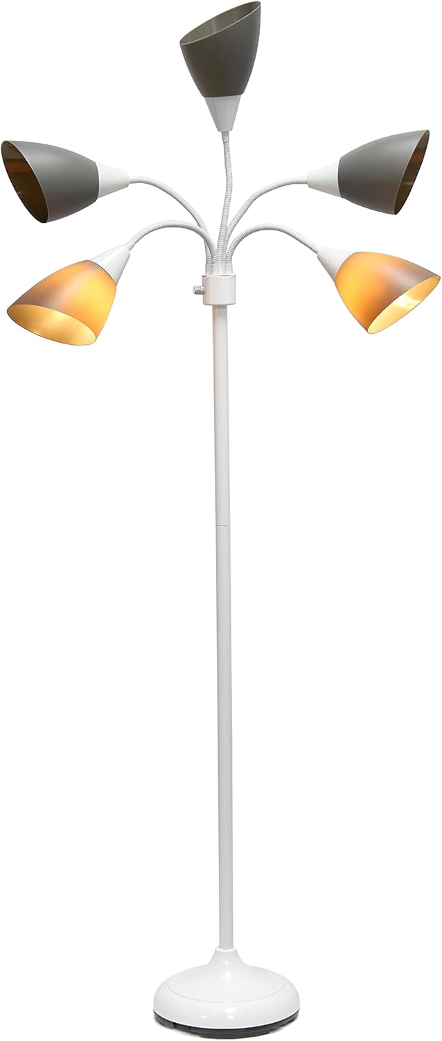 Simple Designs LF2006-GOW 67" Contemporary Multi Head Medusa 5 Light Adjustable Gooseneck White Floor Lamp with Gray Shades for Kids Bedroom Playroom Living Room Office
