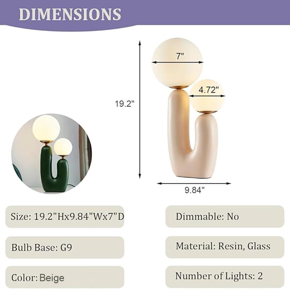 Meefad Modern Bedside Lamp, 2 Lights Table Lamp with Glass Shade, Globe Night Light for Bedroom Reading Nightstand, Beige