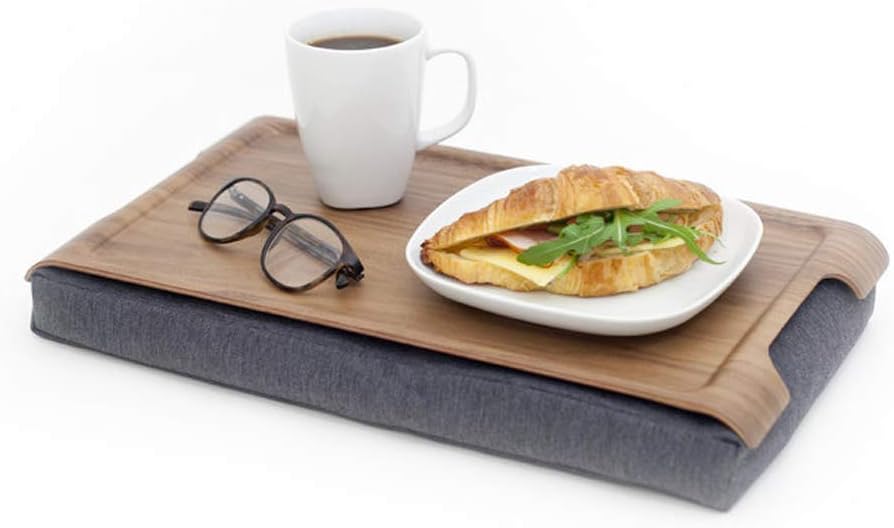 Mini Multi-Purpose Laptray, Anti-Slip, Walnut Wood, Salt and Pepper Gray Cushion
