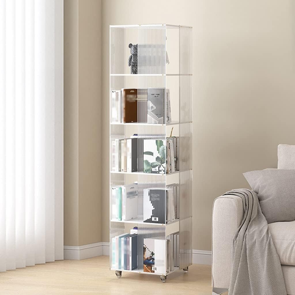 360° Rotating Bookshelf W/Wheels Clear Acrylic Narrow Bookcase Movable Modern Book Storage Organizer for Living Room Bedroom Display Shelf ()