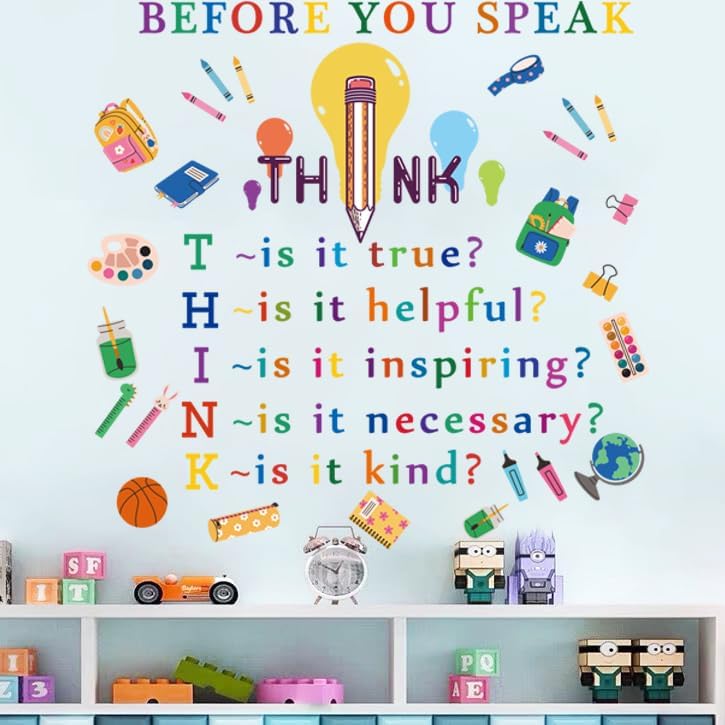 Colorful Inspirational Quotes Wall Decals Motivational Phrases Stickers Inspirational Lettering Before You Speak Think Lettering Wall Stickers for Classroom Nursery Kids Home Decoration