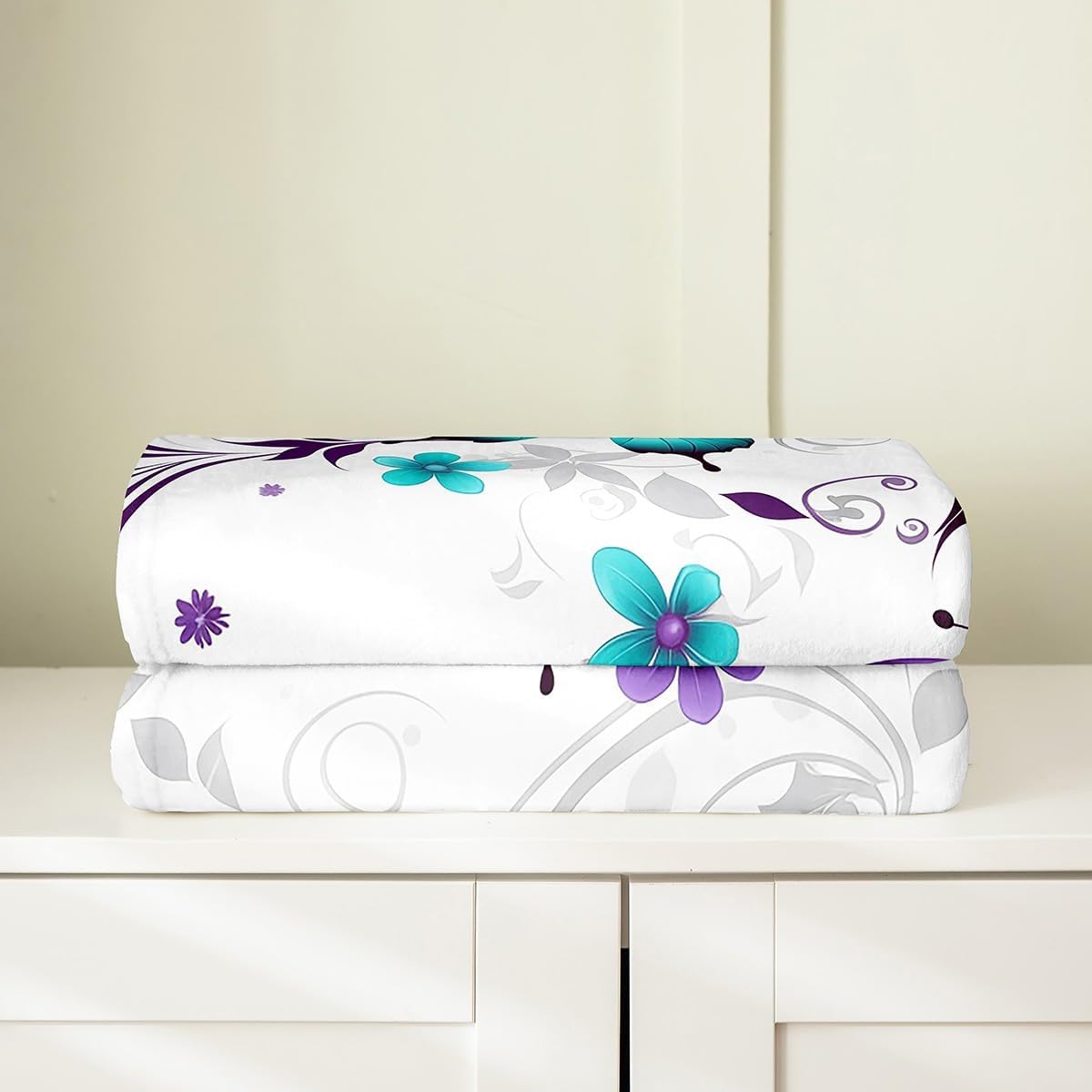 Erosebridal Teal Purple Butterflies Blanket for Kids Girls,Vintage Floral Print Throw Blanket Warm,Flying Butterflies Fleece Blanket for Living Room,Wild Animal Fuzzy Blanket Twin 60x80 Inch
