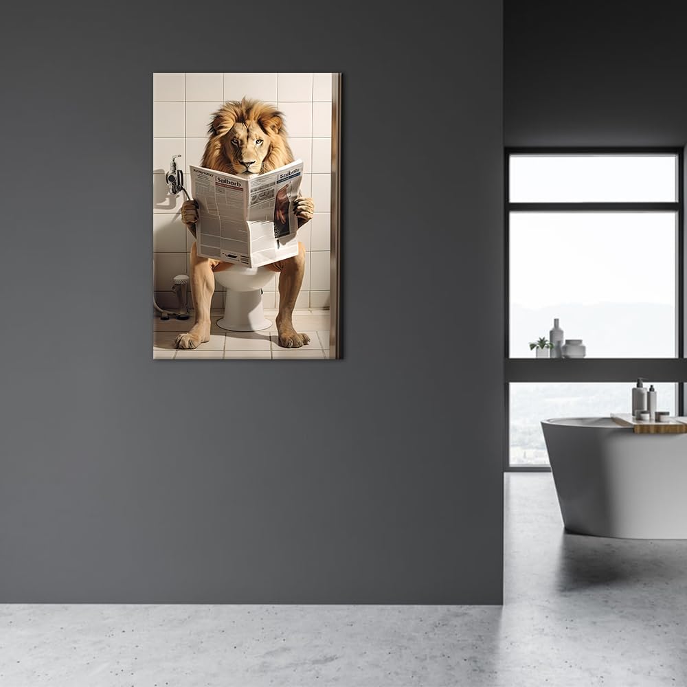 Funny Lion Wall Art Lion Sitting on Toilet Reading Newspaper Canvas Prints Bathroom Animal Picture Paintings Humor Animal Wall Art for Washroom Decor Framed(Animal-3,12.00" x 18.00")