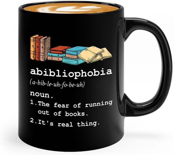Reading Coffee Mug 11oz Black - Abibliophobia Definition - Reader Gift Bookworm Owl Lover Cat Lover Book Lover Novelist Librarian Writer