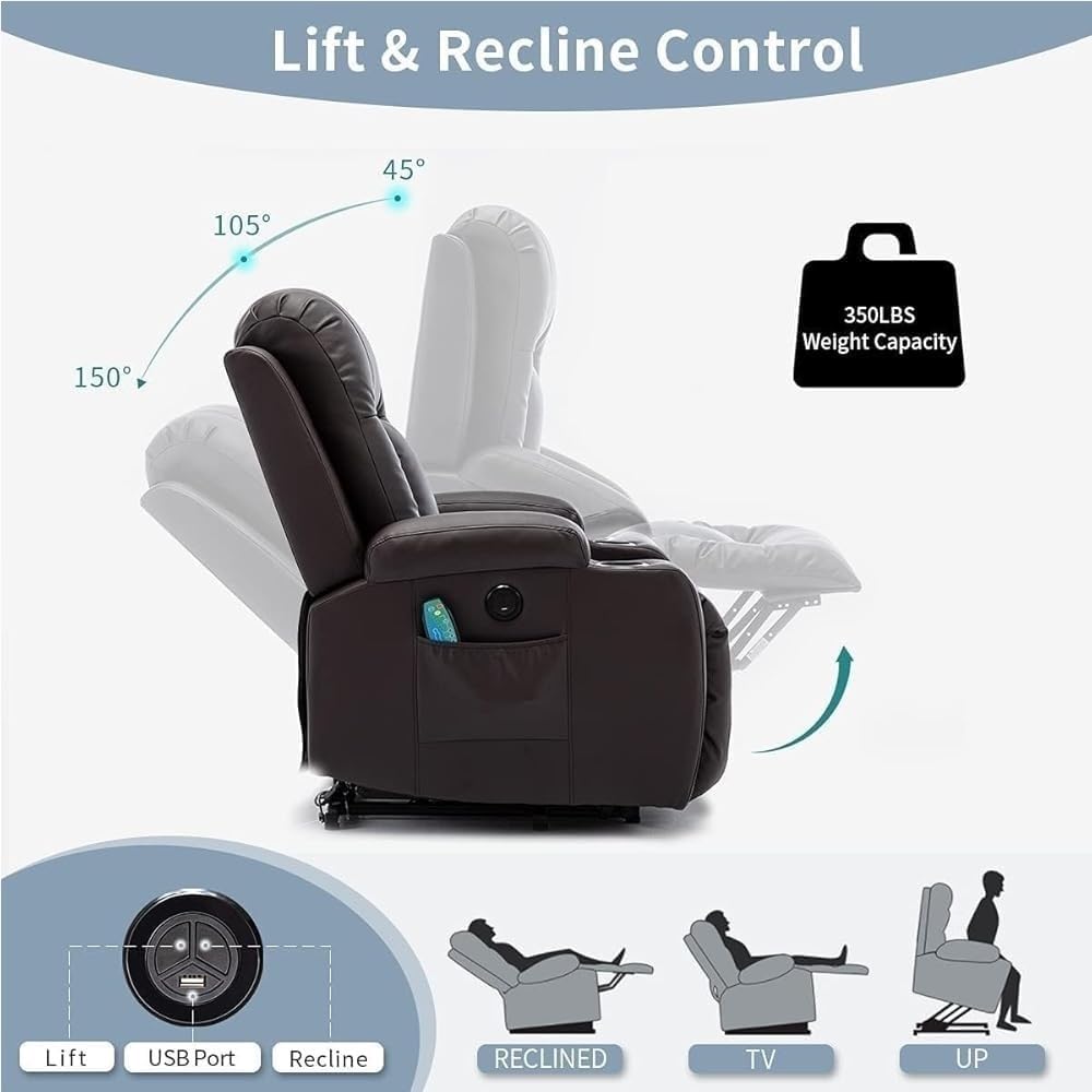 Leather Electric Lift Chair Recliner Adjustable Massage High Back Power Rocker Reclining Sofa for Elderly Adults Comfort Seating Long Hours Sitting