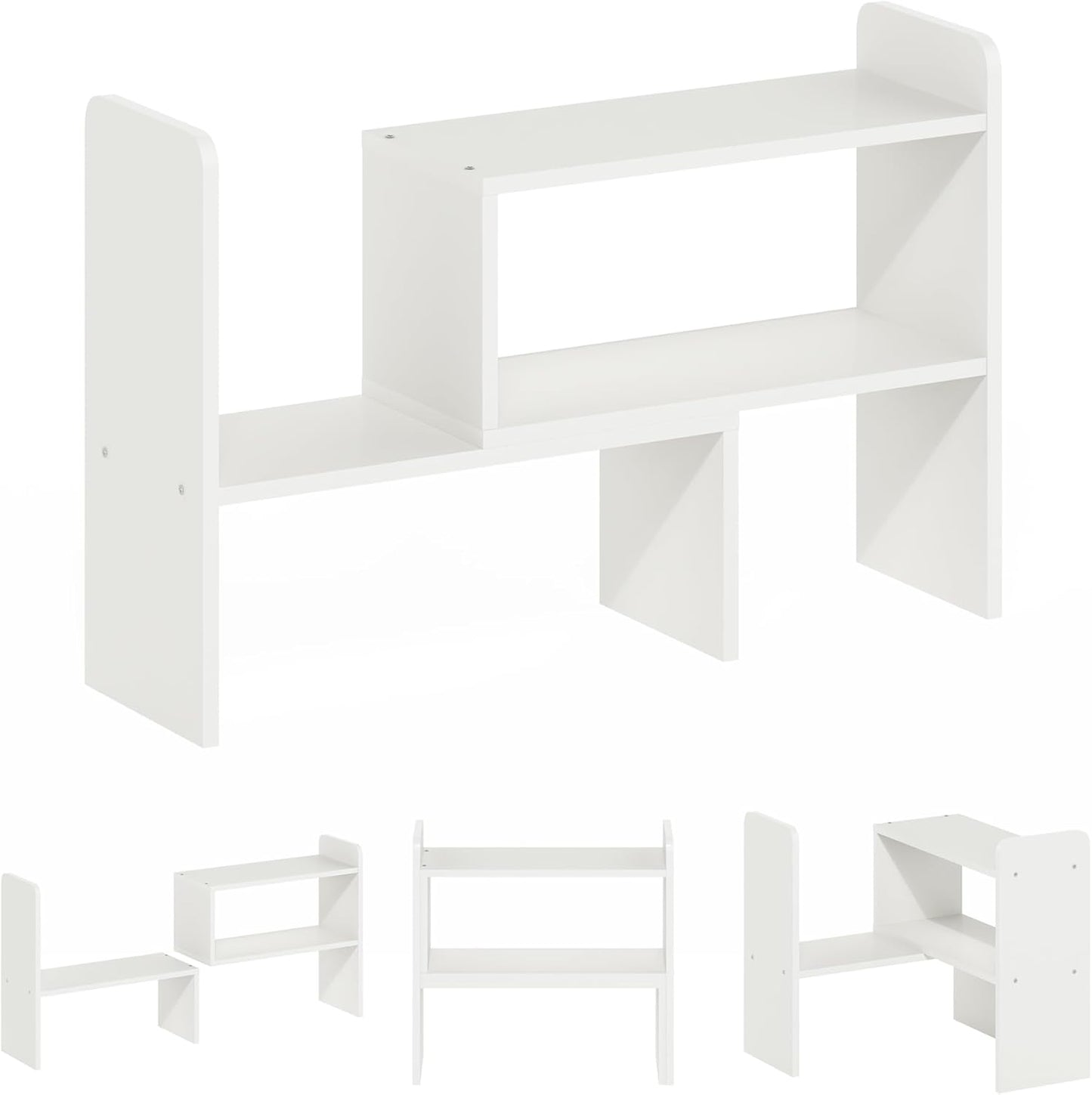 Furinno Classic Desk Organizers and Hutch, Open Shelf Expandable Office Organization, Adjustable Desk Top Display Book Shelf, for Paper, Office Supplies, White