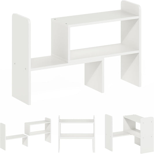 Furinno Classic Desk Organizers and Hutch, Open Shelf Expandable Office Organization, Adjustable Desk Top Display Book Shelf, for Paper, Office Supplies, White