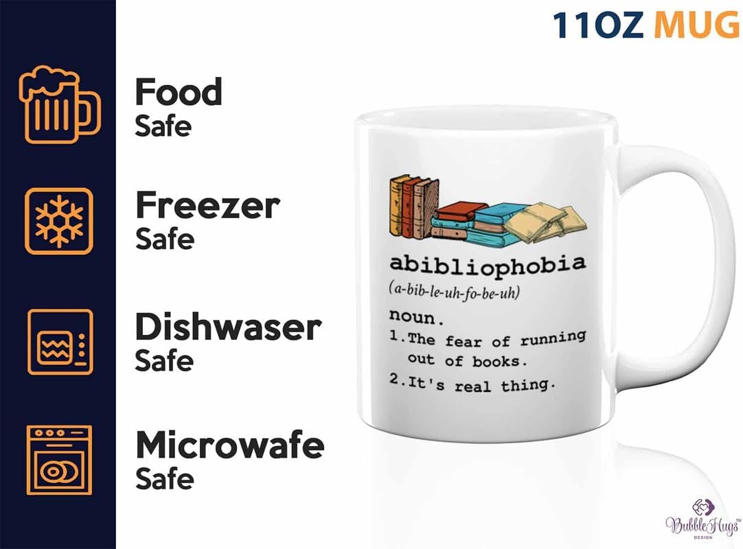 Reading Coffee Mug 11oz White - Abibliophobia Definition - Reader Gift Bookworm Owl Lover Cat Lover Book Lover Novelist Librarian Writer