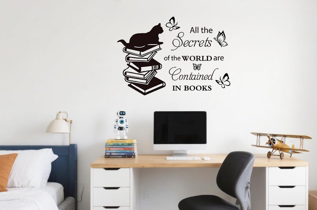Reading Theme Wall Decal for Kid's Room , Cat Butterfly Books All the Secrets of World Inspirational Quotes Vinyl Removable Wall Stickers for Children Room Classroom Preschool