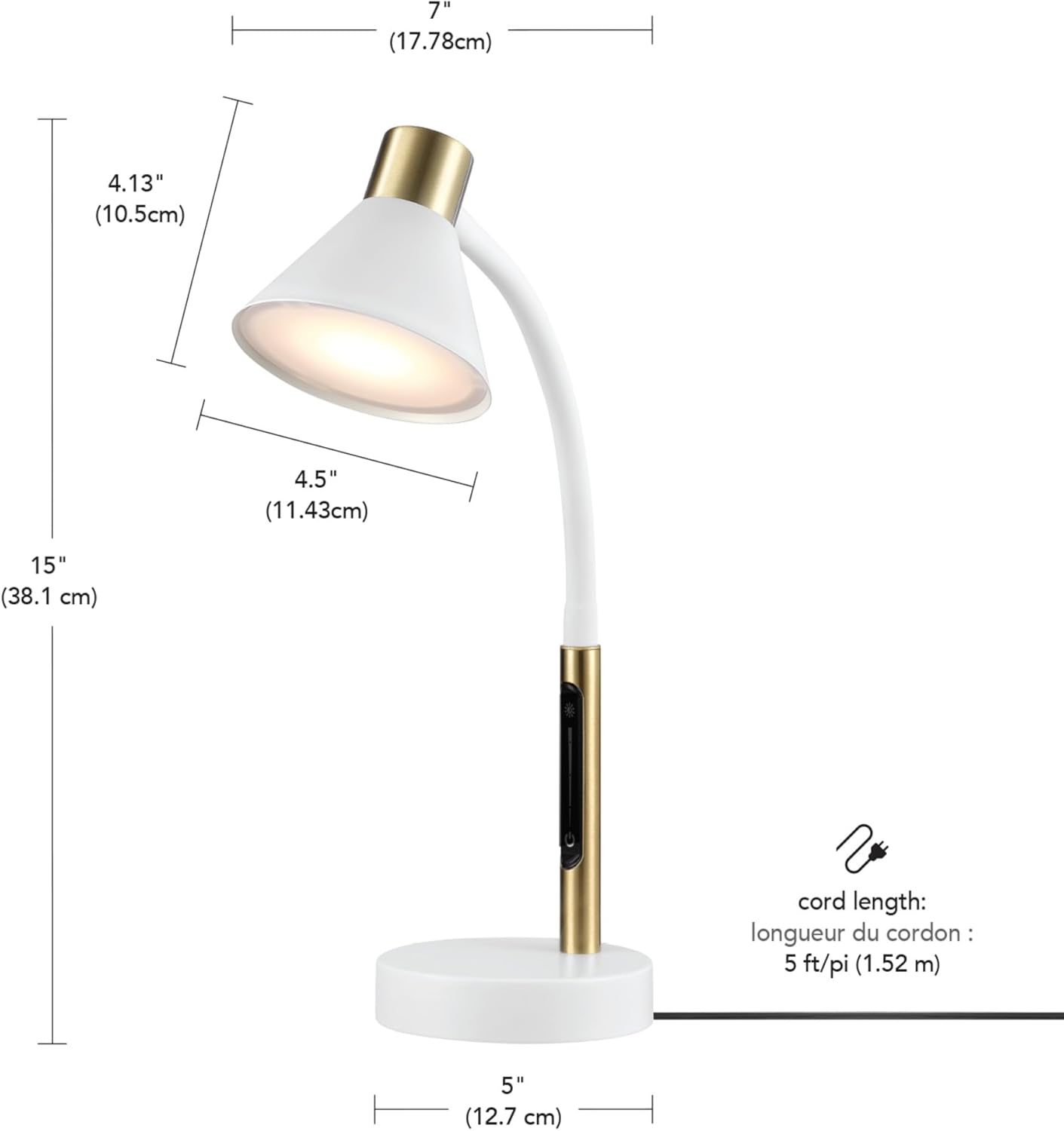 Globe Electric 62000035 15" LED Integrated Desk Lamp, Matte White, Brass Accent, Adjustable Gooseneck, Dimmable, 3 Color Temperature, 7.5W, 90 CRI, 400 Lumens, Reading Light, Dorm Room Essentials