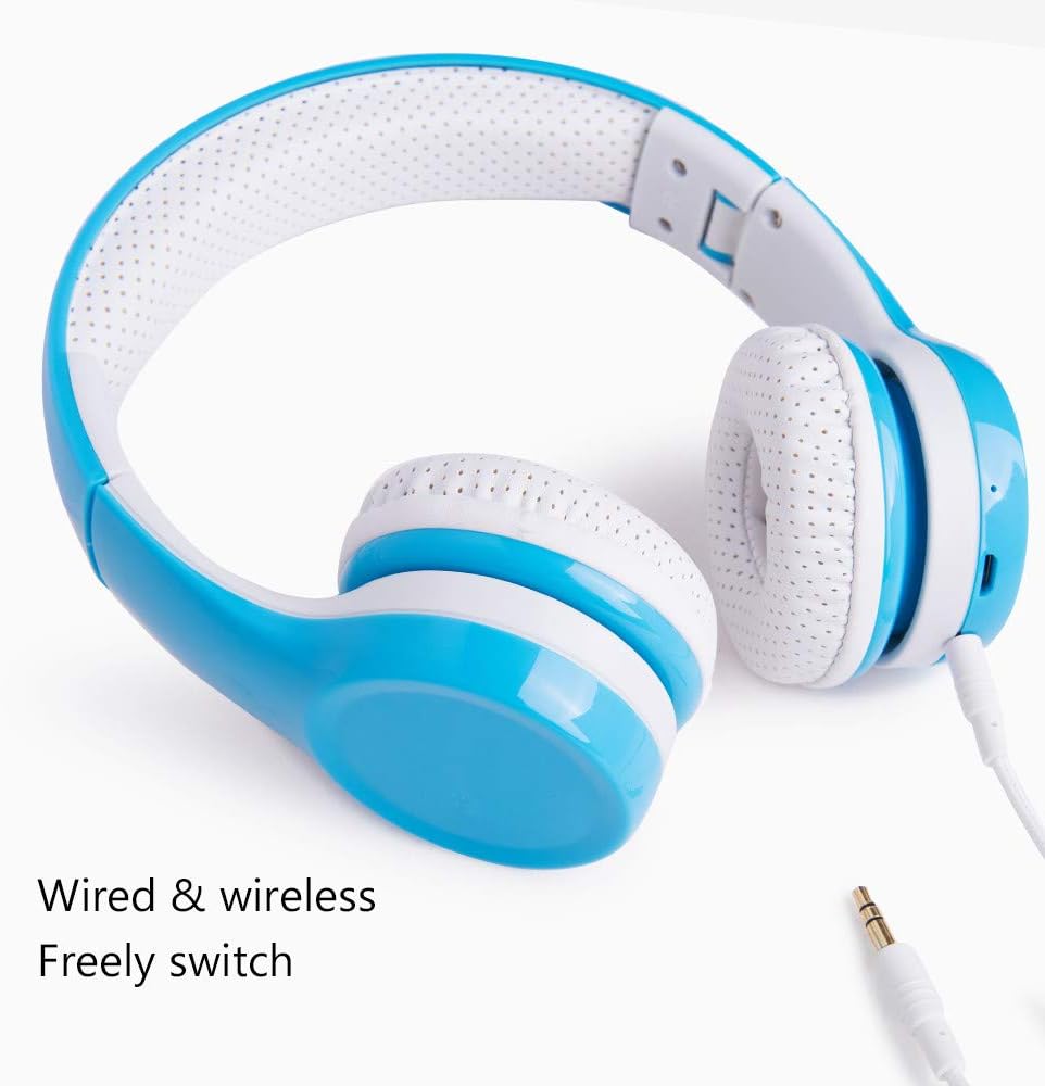 Kids Wireless Headphones, Bluetooth Toddler Headphones with 5 Button Easy Use, 93dB Volume Limited, Foldable with Built-in Mic for Cell Phones TV Tablet School Network Boys Girls (Light Blue)