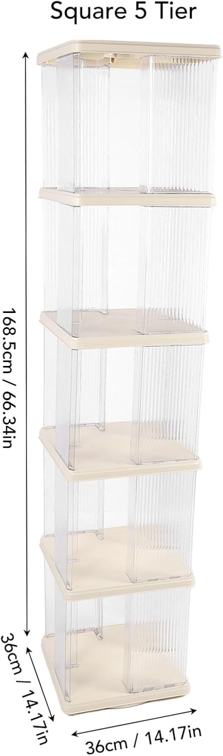 Luqeeg Clear Rotating Bookshelf, 360 Display Corner Bookshelf, Floor Standing Bookcase Storage Rack for Bedroom, Living Room, Study Room for Accessorizing, Organizing, Storing (Square 5 Tier)