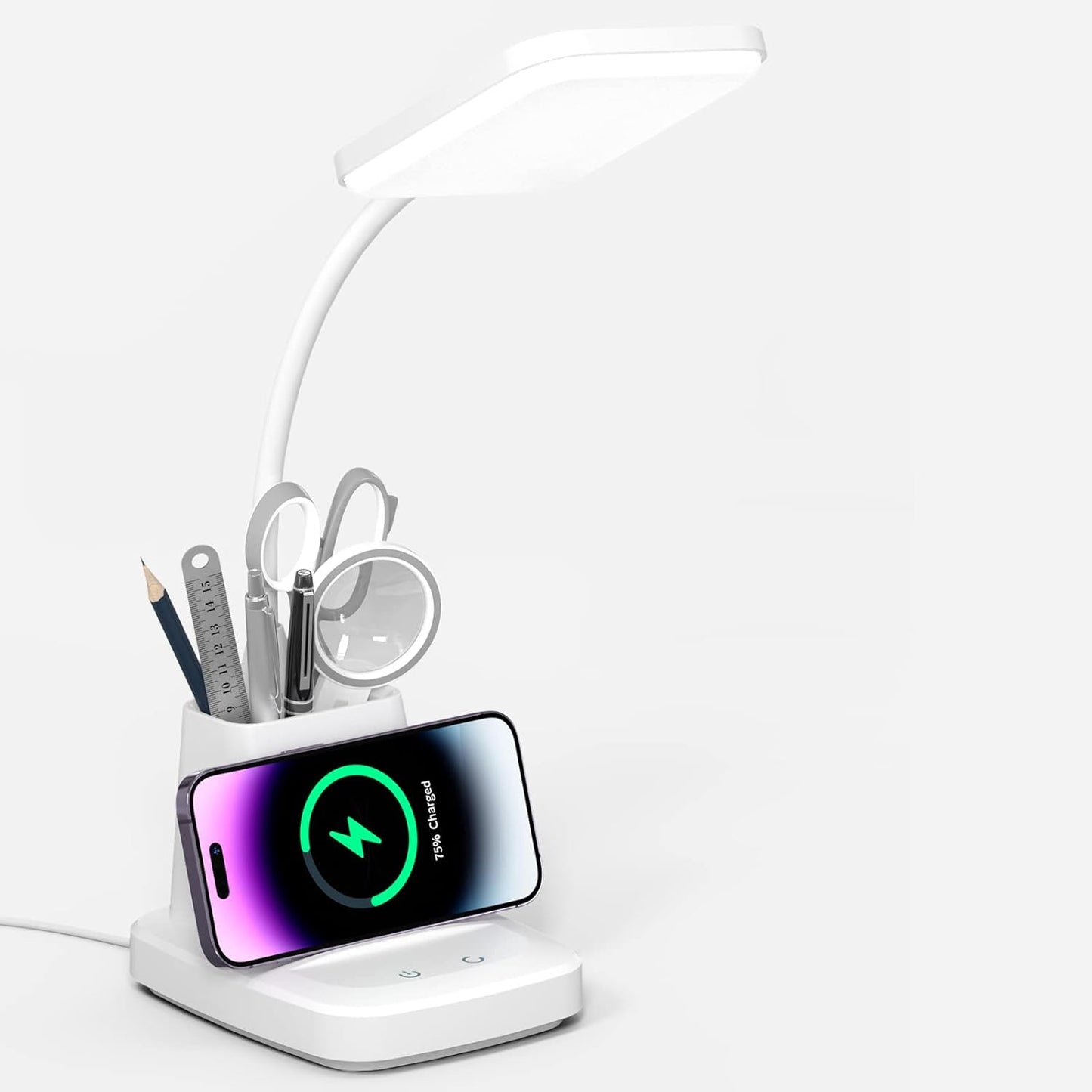 무선 충전기가 있는 책상 램프 - 홈 오피스용 LED 책상 램프, 펜 홀더 포함, 800LM, 3가지 색상 모드, 유연한 암, 가정 대학 기숙사 방용 눈 관리 화이트 테이블 램프