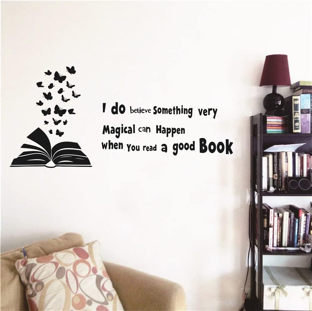 60x28 inches Reading Book Wall Decal Open Book Butterflies Reading Room Quote Wall Decoration I do Believe Something Very Magical can Happen Kids Children Study Bedroom Poster AFN03 (Black)