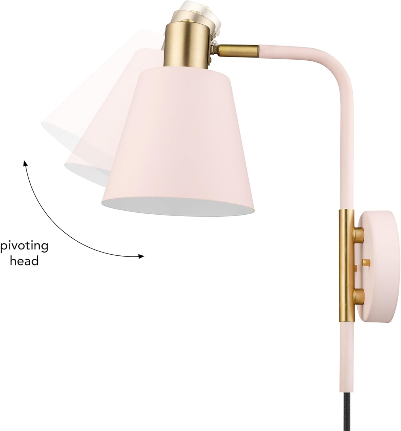 GLOBE Electric Cleo 1-Light Plug-in or Hardwire Wall Sconce, Blush Pink, Matte Brass Accents, Black Cloth Cord, Bulb Not Included