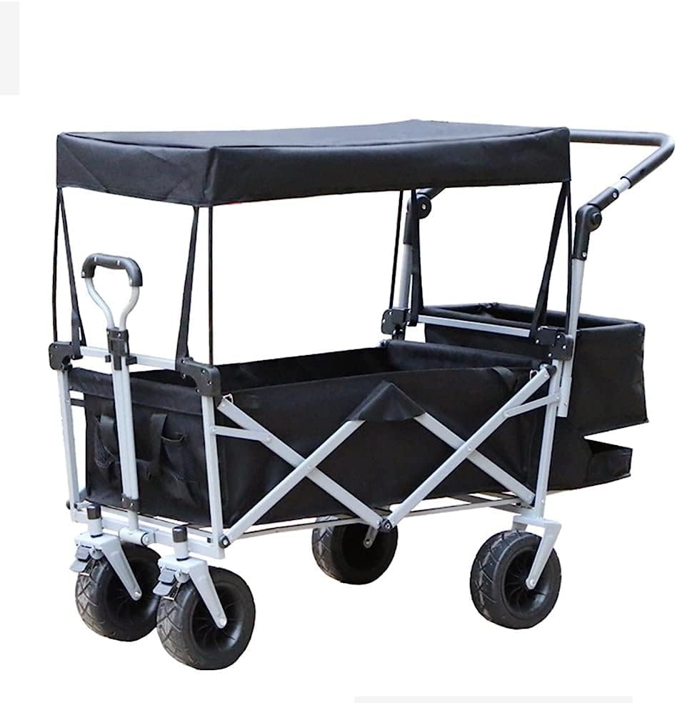 Handcart, Foldable Handcart Folding Garden Trolley with Teleshandle 360° Wheels Brake 100Kg/Navy Blue