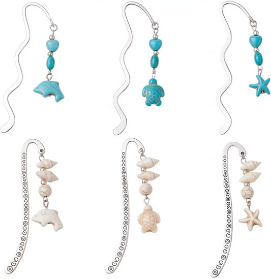CRASPIRE 6Pcs Ocean Metal Bookmarks Starfish Dolphin Turtle Alloy Wave Shaped Vintage Summer Antique Silver Turquoise Beads Gemstone Beading Pendant Tassel for Book Lovers Teacher Student Birthday