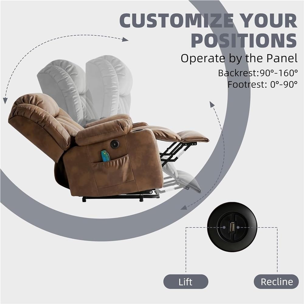 Power Lift Recliner with Heat and Massage, Electric Recliner Chair for Adults with USB Ports, Cup Holders, Side Pockets, Remote Control, Adjustable Leather Lounge Seating
