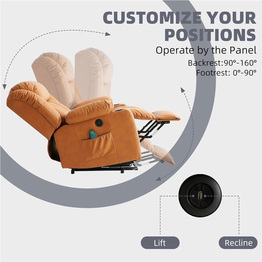 Large Power Lift Recliner Chair for Adults, Electric Massage Recliner with Heat, PU Leather Sofa with Cup Holders, USB Ports & Side Pockets, Comfortable Orange Reclining Seat