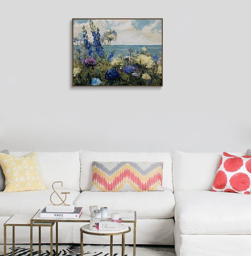 Floral Canvas Wall Art Blue Purple Flowers Ocean View Wall Decor Coastal Prints Nature Posters Abstract Painting Framed Artwork For Living Room And Bedroom And Office Space My Home Decor 16x24 Inches