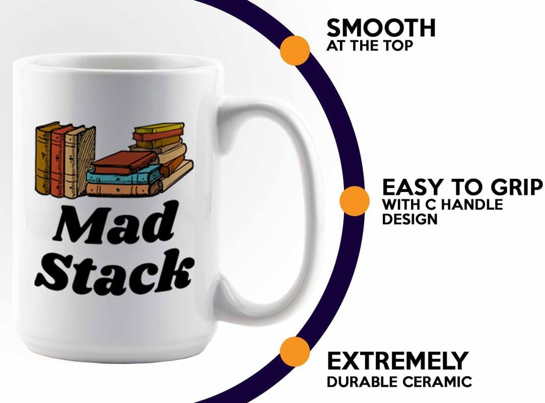 Reading Coffee Mug 15oz White - Mad Stack - Reader Gift Bookworm Owl Lover Cat Lover Book Lover Novelist Librarian Writer