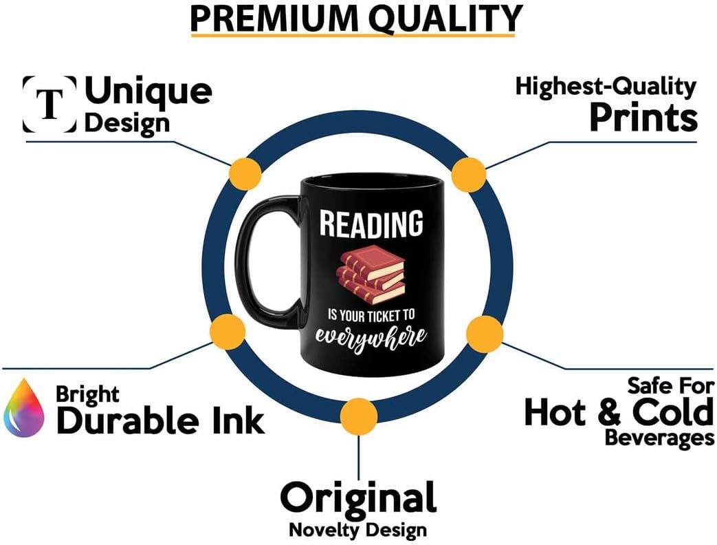 Bookish Coffee Mug 11oz Black -Reading ticket to everywhere - Novel enthusiast Book Club Librarian Book Lover Writer Reader Bibliophile