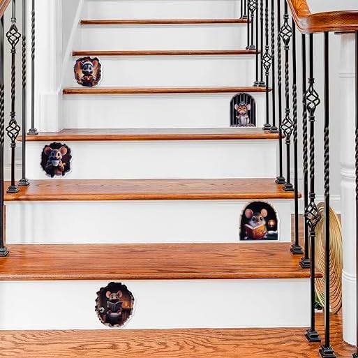 5PCS 3D Mouse Hole Wall Decals Peel and Stick Christmas Funny Whimsical Murals Wallpaper Art Decor Wall Stickers for Kids Room Door Playroom Stair Riser Bathroom Kitchen Nursery