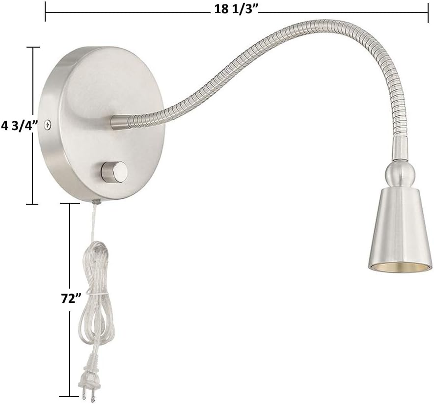 HomeFocus - LED Wall Lamp, Bedside Reading Light, Dimmable 3 Modes, Eye-Caring, Wall Sconces, 5W 3000K Warm White, Flexible Gooseneck, Metal, Satin Nickel