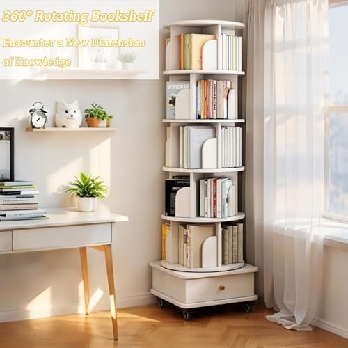 White Tall Rotating Bookcase with Drawer & Wheels, 5-Tier Corner Shelf for Bedroom, Living Room & Office, Wooden Bookshelf, Stylish Storage Solution