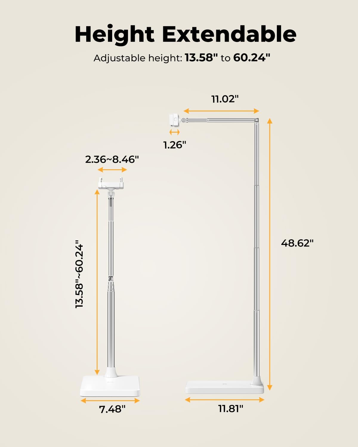 Tablet Floor Stand, Adjustable iPad Holder for Bed & Sofa - 360° Rotating Long Arm, Height Adjustable from 13.5" to 60.3", Sturdy Metal Base for iPad, Tablet, Phone (4-13 Inch), White