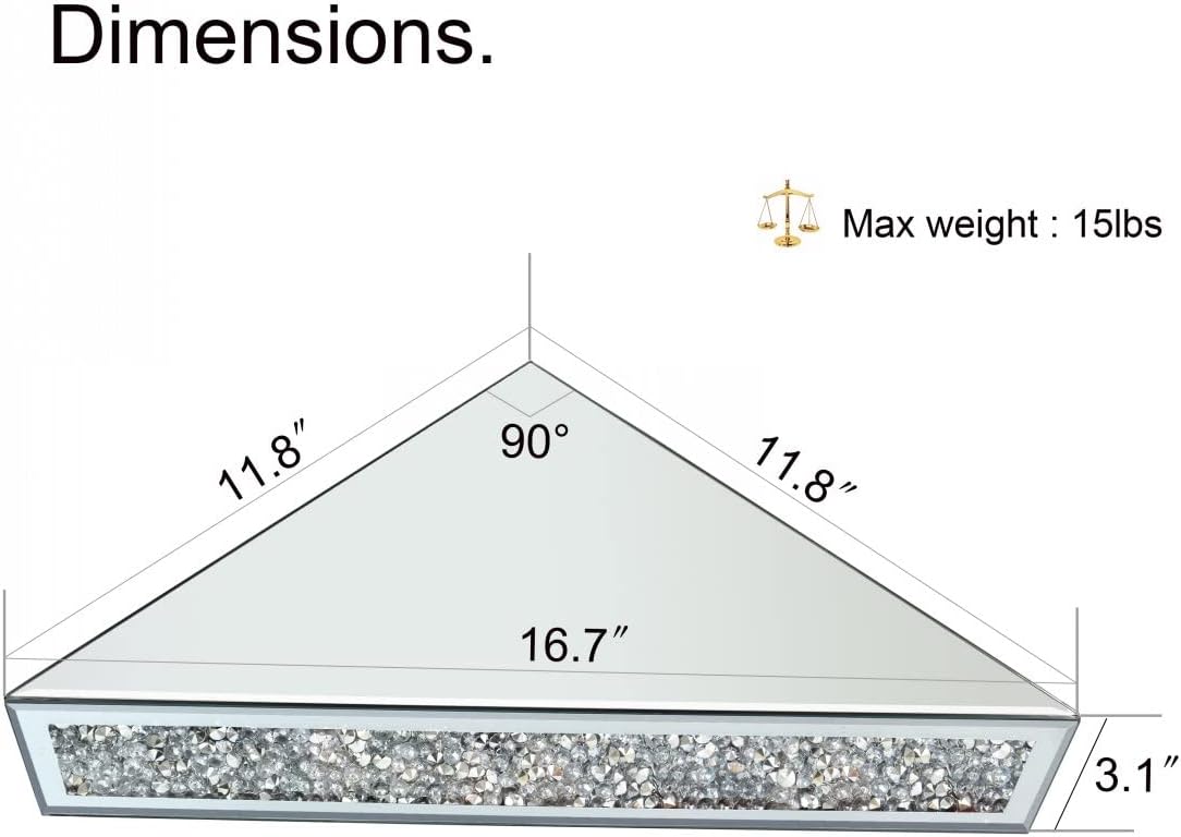 Mirrored Floating Corner Shelf, Silver Mirror Crushed Diamond Decorative Wall Shelf for Home Decoration Crystal Diamond Wall Art Decor Accent Piece Showcase 11.8" L×11.8" W×3.1" H, Set of 2