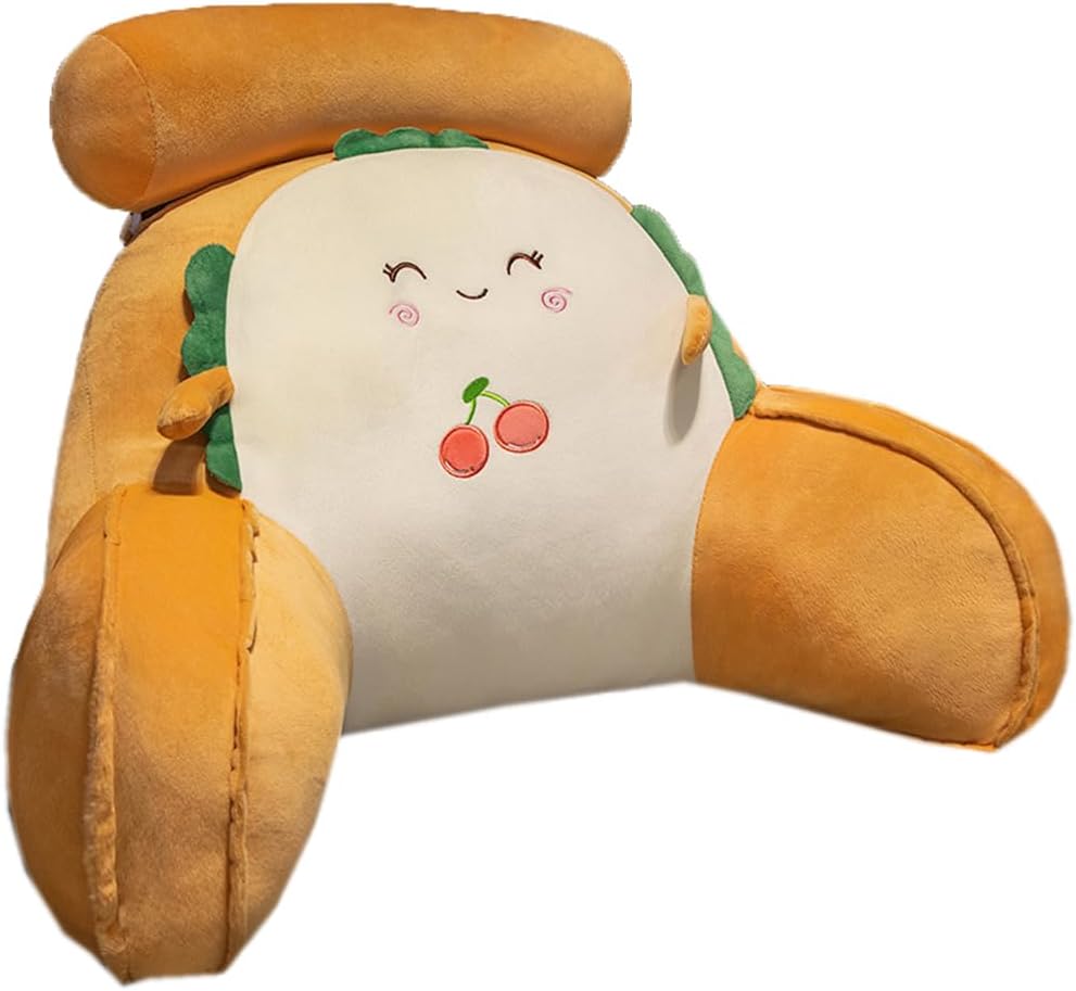 Cartoon Bed Backrest Pillow with Arms Sofa Back Lumbar Support Pillow Waist Cushion Cute Soft Bed Rest Reading Pillow (Yellow Cherry, 60×35cm/23.6"×13.8")