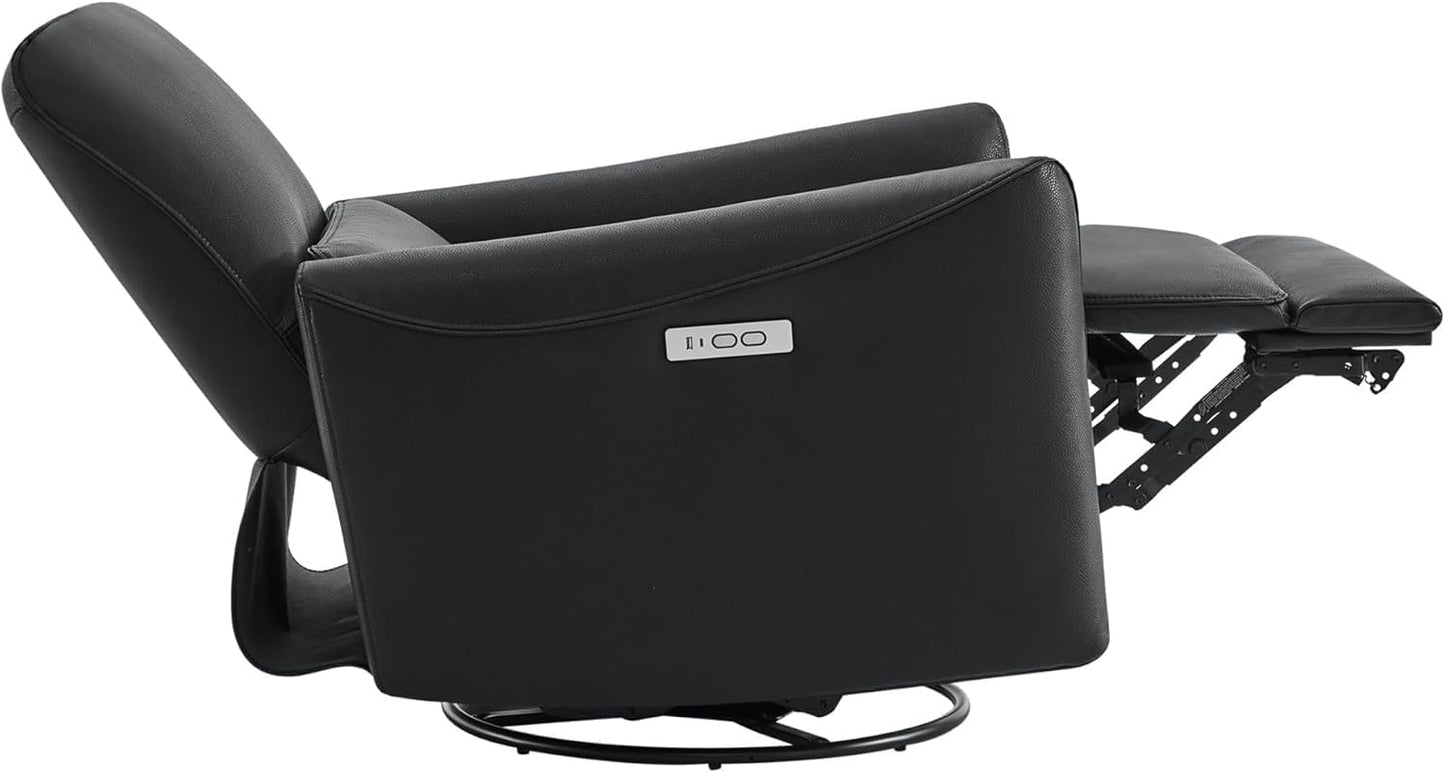 Luxury Power Recliner Chair, Modern Swivel Glider Rocker with USB & Type-C Ports, Black Breathable Leather Ergonomic Lounge Sofa with Lumbar Support for Living Room