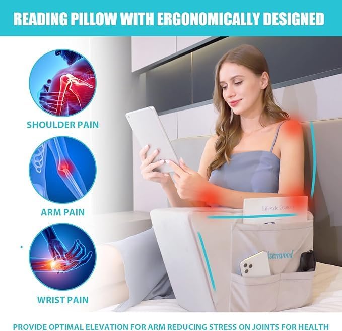 Arm Support Wedge Pillow - Reading & Back Pain Relief, Ergonomic Bed Pillow for Sitting Up, Acid Reflux, Post-Surgery, Gaming & Watching TV, High-Density Foam, Removable Washable Cover
