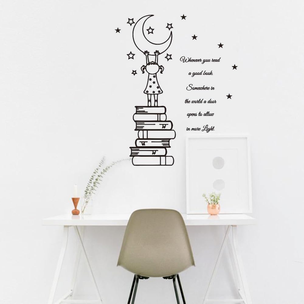 Reading Nook Vinyl Wall Art – Uplifting Book Quote for Kids’ Room, Library, or Study (Black-JZY008-Girl Book)