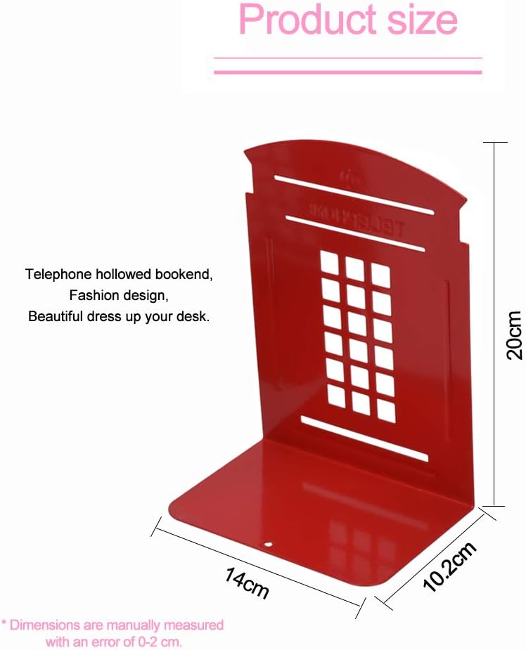 MerryNine 4 Pack Book Ends, Metal Bookends for Shelves, Telephone Booth Decorative Bookends, Non Skid Heavy Bookends, Book, Magazine or CD Organizers for Home and Office (Red-4pcs)
